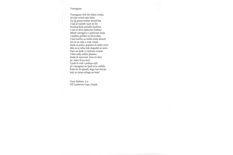 Slika 2. Tena Aleksin: pjesma „Vatrogasac“, OŠ Ljudevita Gaja, Osijek, mentorica Monika Grgić, (VZŽ Osječko-baranjska)
